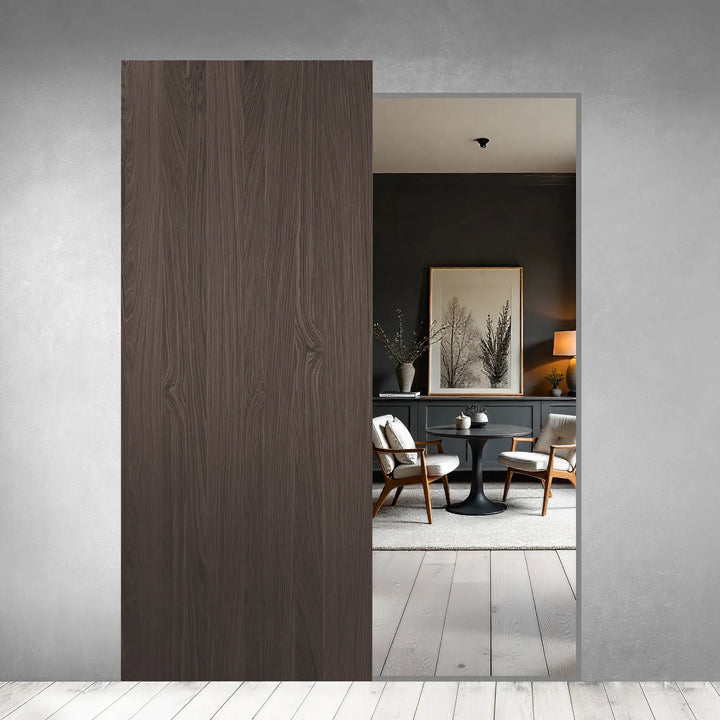 Ghost Sliding Door in American Walnut melamine with concealed sliding system, open position showing interior room