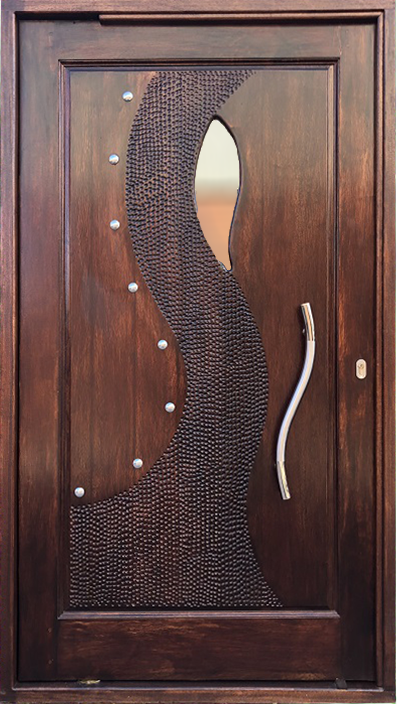 B27 wave panel glass pivot door with mahogany finish, frosted glass insert, and stainless steel handle – premium Saligna timber