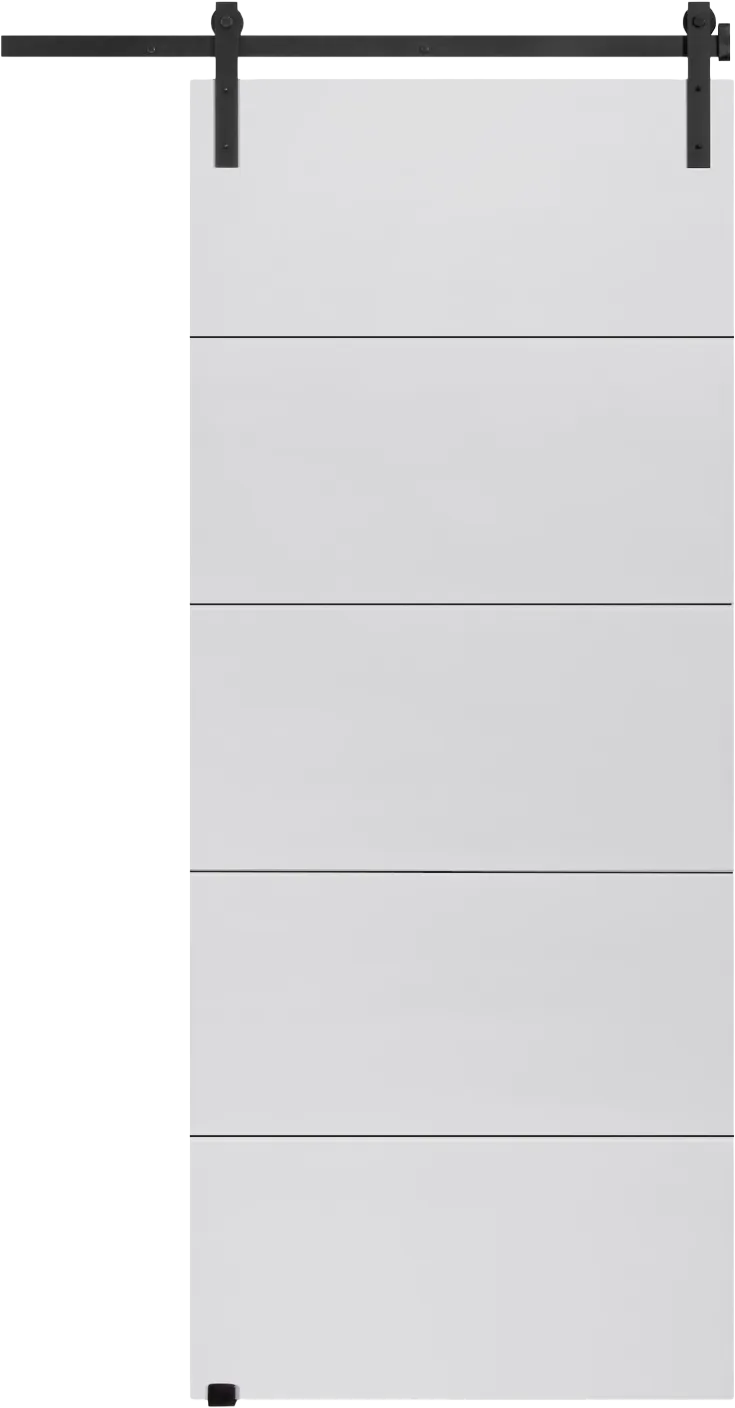 5 panel white primed light duty barn door with black sliding track hardware, 900 x 2100 mm