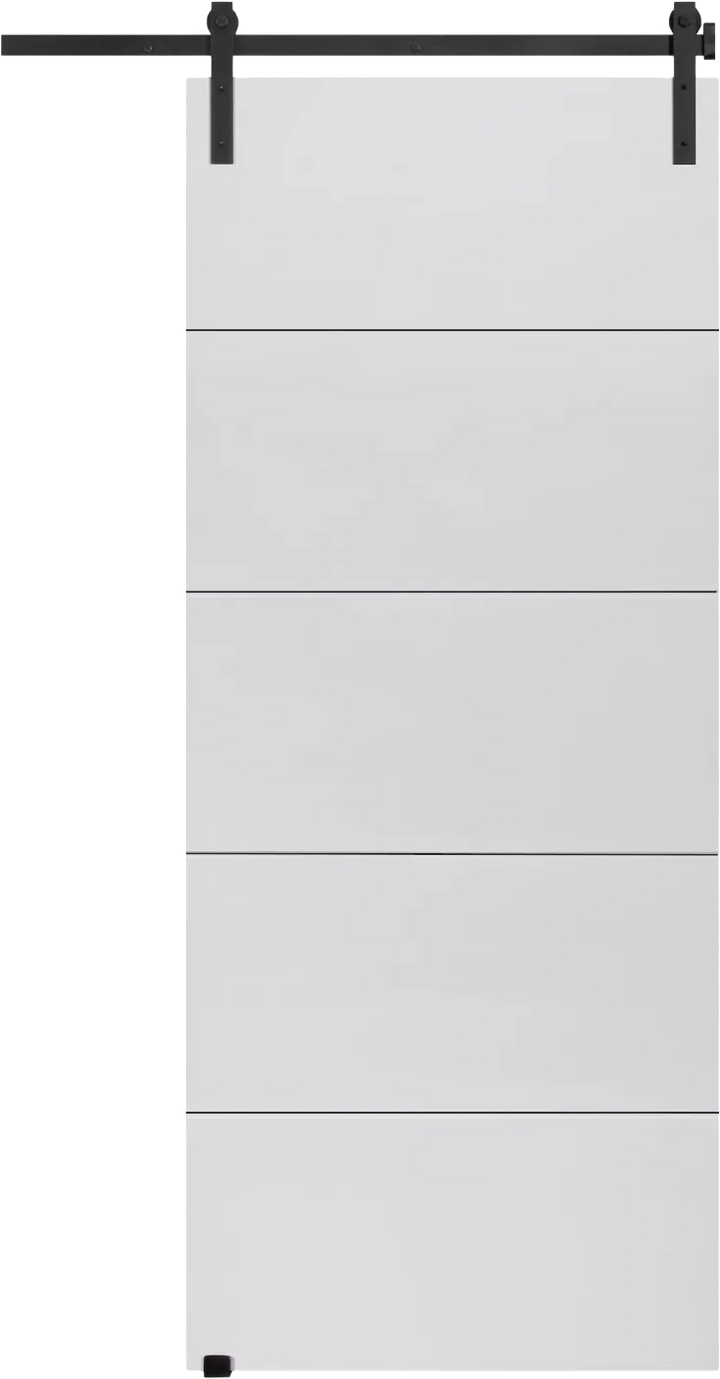 5 panel white primed light duty barn door with black sliding track hardware, 900 x 2100 mm