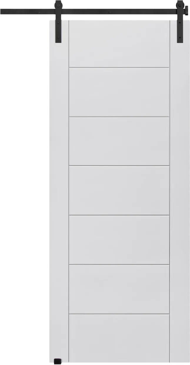 7 panel white primed light duty barn door with stiles and black sliding track hardware, 900 x 2100 mm