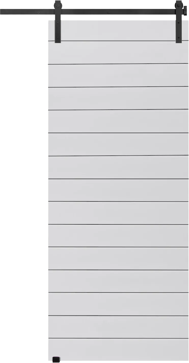 Horizontal white primed light duty barn door with black sliding track hardware, 900 x 2100 mm 
