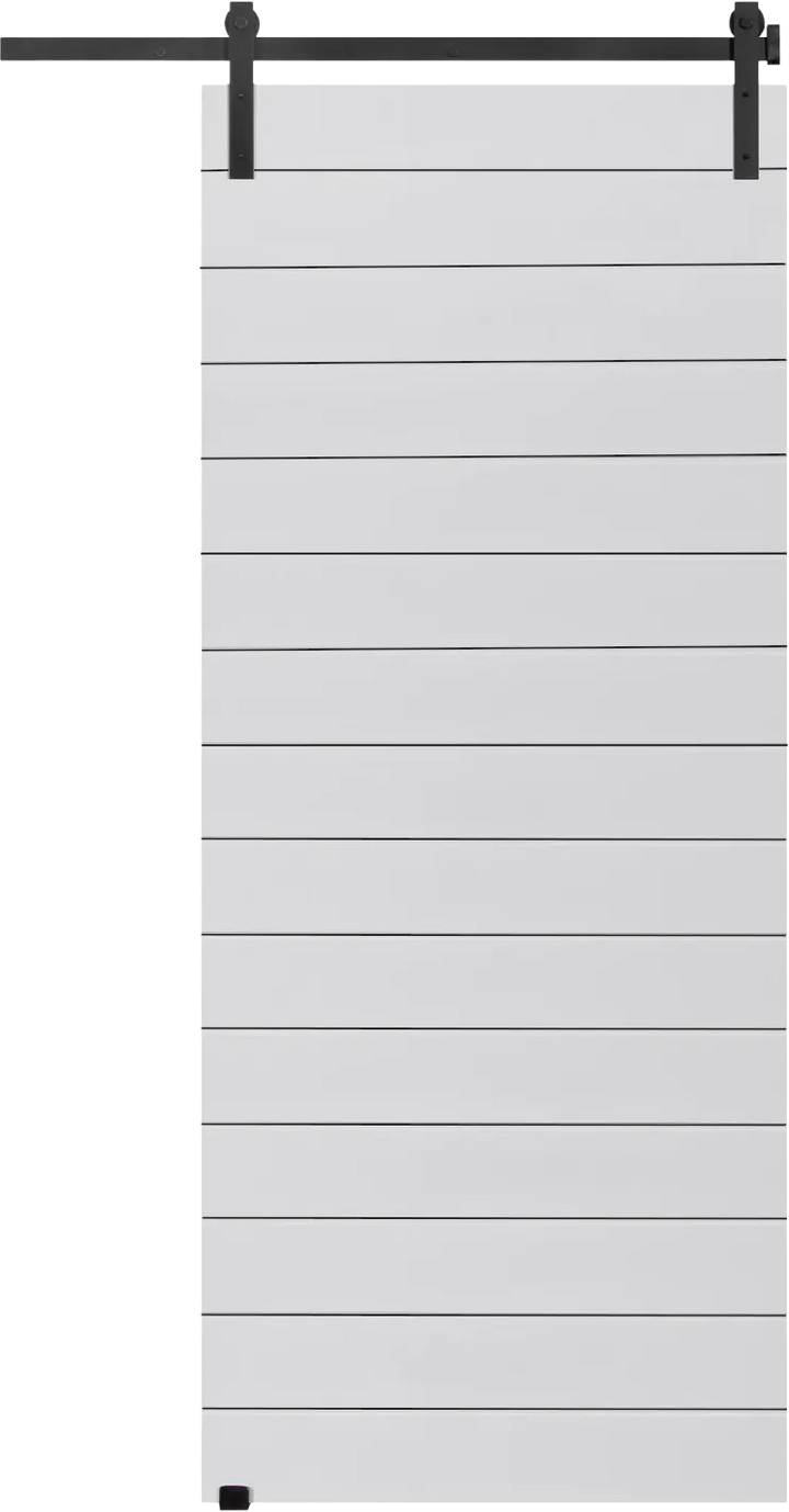 Horizontal white primed light duty barn door with black sliding track hardware, 900 x 2100 mm 