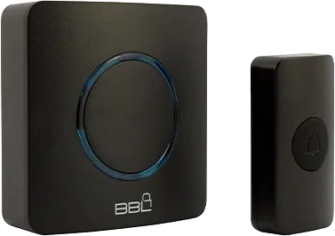 BBL wireless doorbell set in black showing plug-in receiver unit and water-resistant outdoor transmitter button"