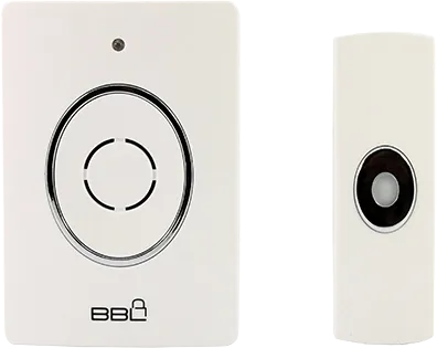 BBL wireless doorbell set in white showing battery-operated receiver unit and water-resistant outdoor transmitter button