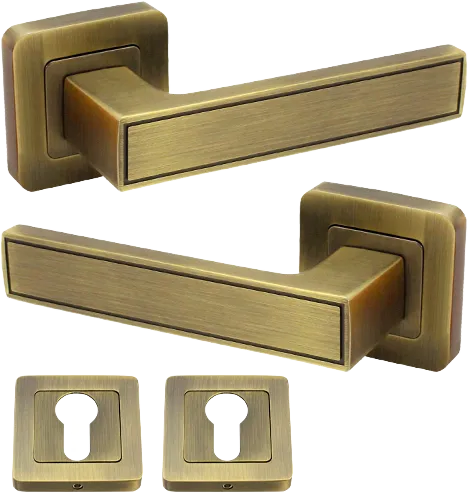 BBL Rio aluminium lever handle on square rose in matt antique brass finish with two cylinder escutcheons included