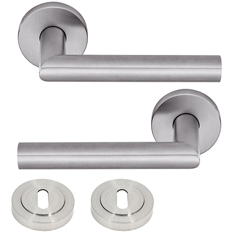 Silver door handles with keyholes on a white background