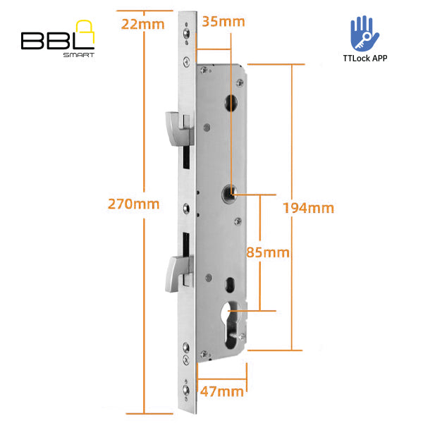 BBL Smart Mortice Hook Lock dimensions diagram – 35mm cylinder, 270mm faceplate