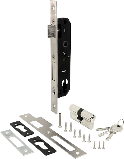 BBL44625SS aluminium frame lock kit – 25mm black body, stainless steel faceplate, brass cylinder and 3 keys