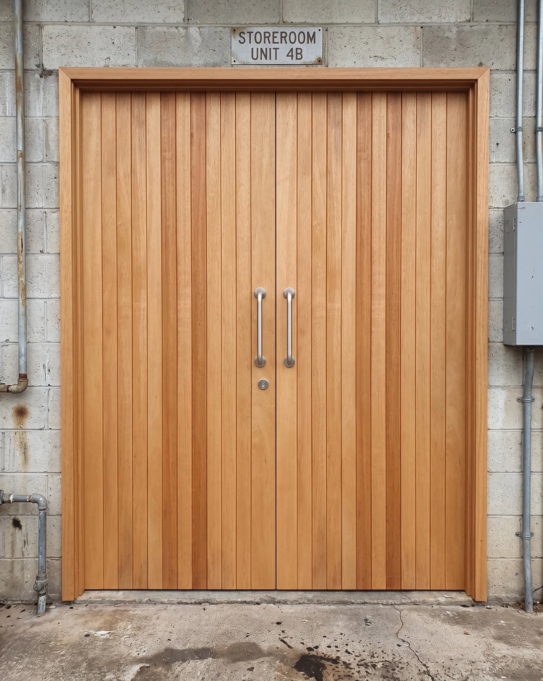 a Meranti BB double door pair installed in a concrete block wall at a storeroom entrance, natural untreated timber, vertical slats, stainless steel pull handles, with a matching Meranti frame.