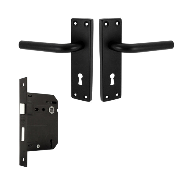 Black door handles and lock mechanism on a white background
