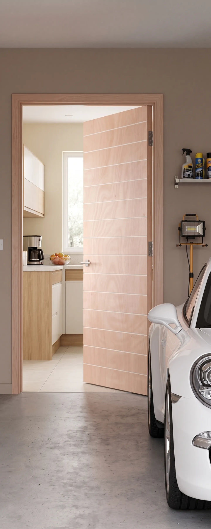 Swartland Kayo horizontal grooved veneer fire door installed in garage-to-kitchen doorway, Class E SANS 1253 approved, 813 x 2032 mm