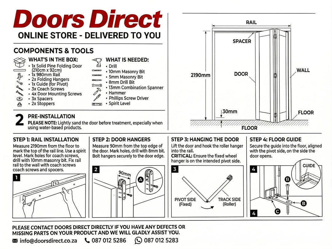 Door installation guide for a pine bifold  door with components and tools listed.