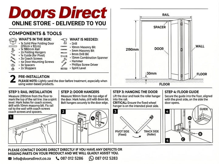 Door installation guide for a pine bifold  door with components and tools listed.