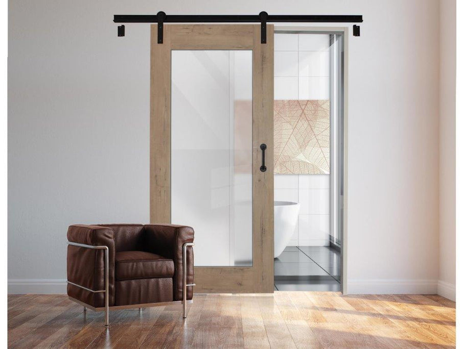 Sahara Frosted Glass Barn Door with black sliding track and wooden frame