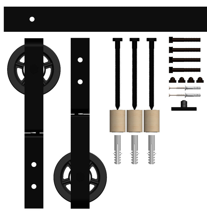 Barn Bifold door hardware kit with black metal components and screws on a white background