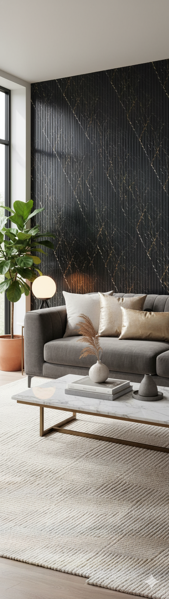 Modern living room with a gray sofa, coffee table, and decorative items against wall with black & gold fluted wall cladding