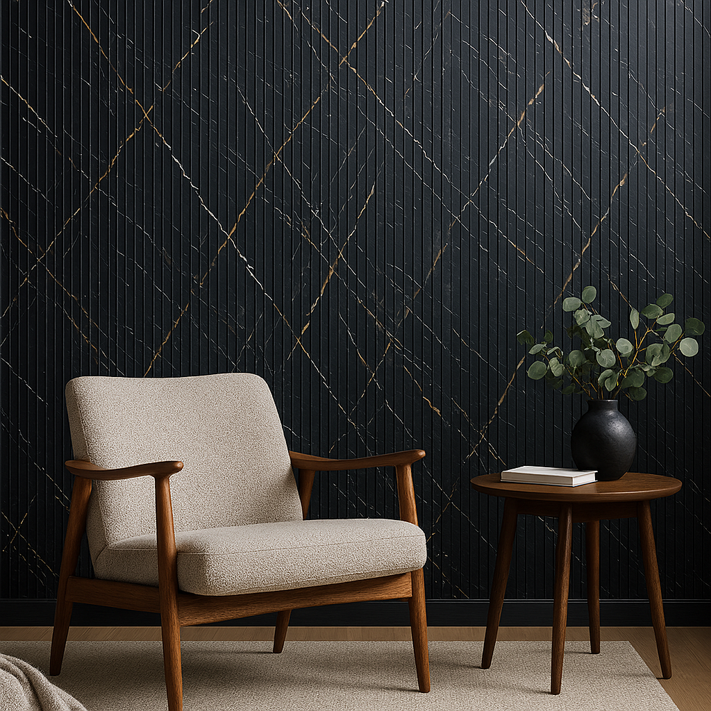 Black & gold fluted wall cladding installed in a modern living room with warm wood furniture and neutral accents.