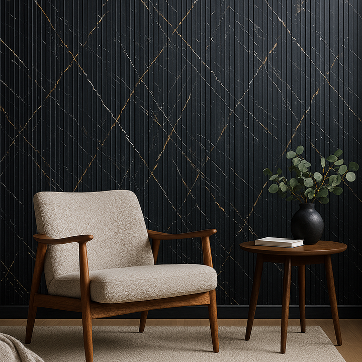 Black & gold fluted wall cladding installed in a modern living room with warm wood furniture and neutral accents.