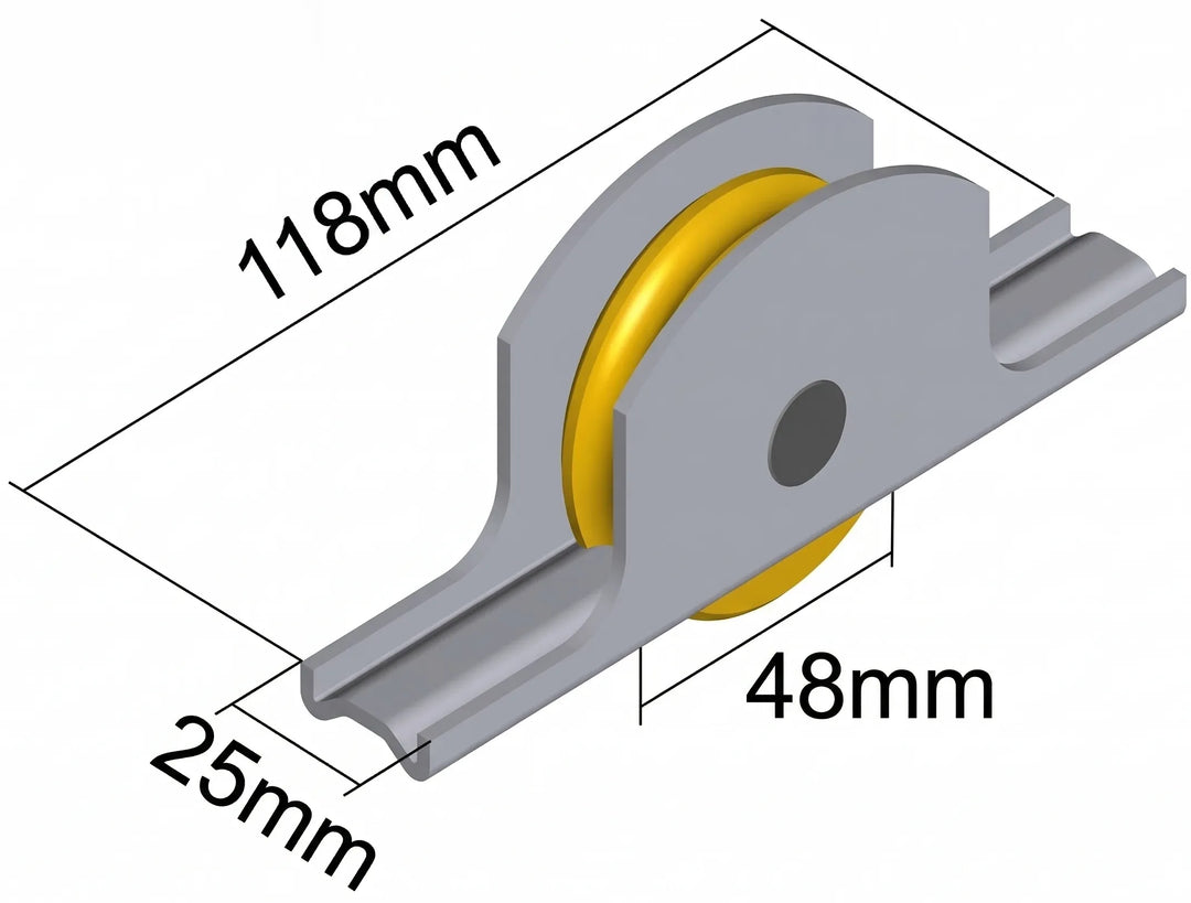 Technical drawing of 913B/B brass roller showing 118mm length, 25mm width, and 48mm housing depth.
