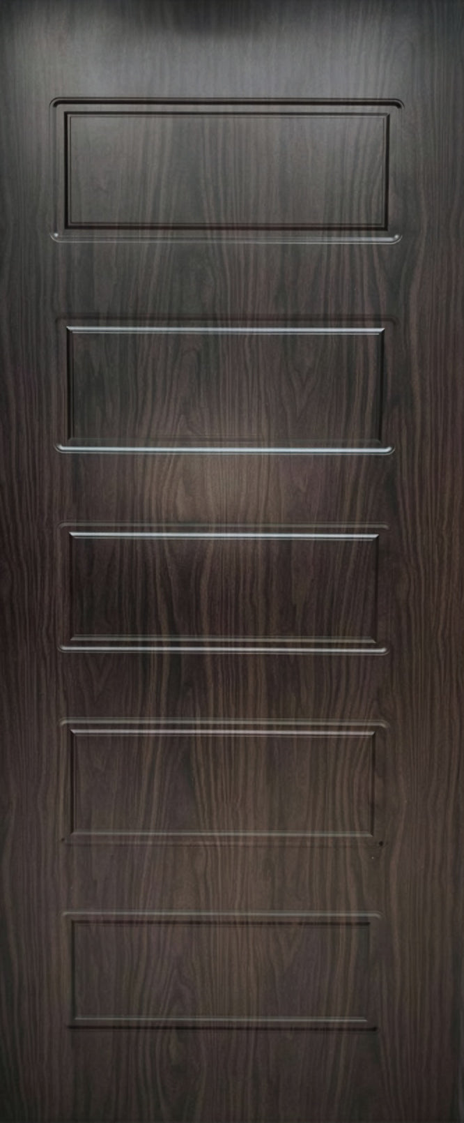 Brown Walnut Horizontal internal door with moisture-resistant PVC skin, featuring a 5-panel deep moulded design, size 813x2032x40mm.