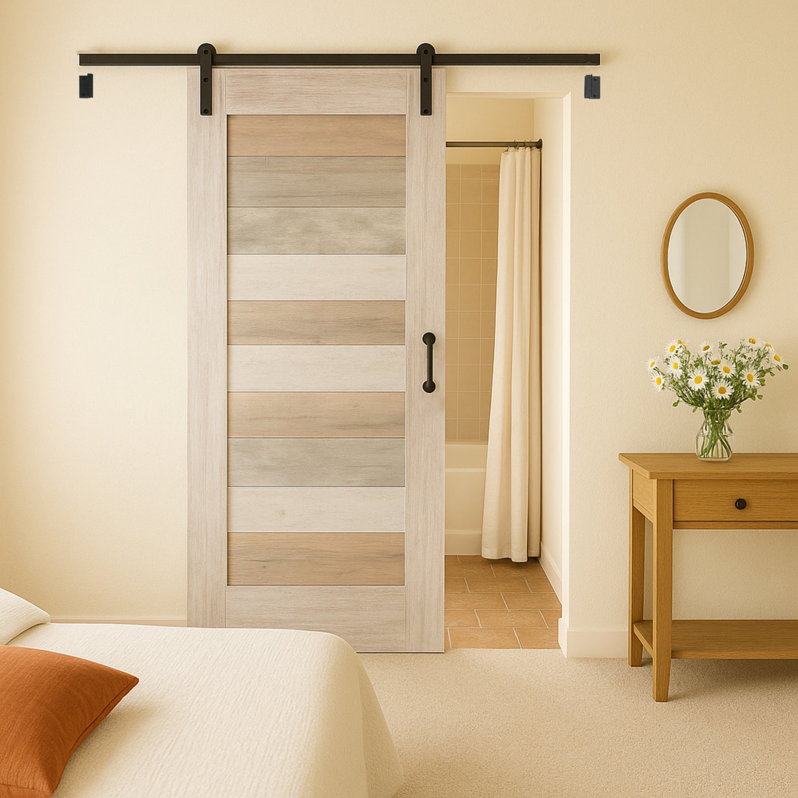 Reverse side of Cascade wood sliding barn door with horizontal plank panels and black metal hardware, shown installed in a bedroom doorway next to a bed and wooden side table.
