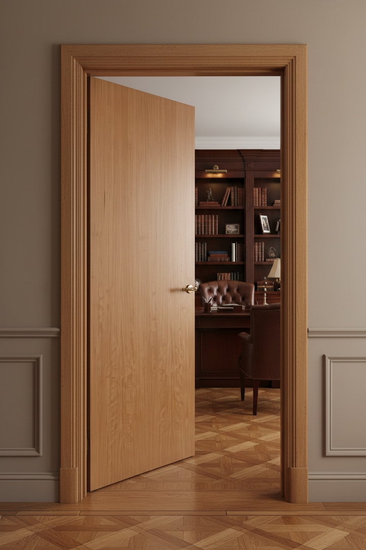 Cherry Veneer door opening to an office   with a bookshelf and desk.