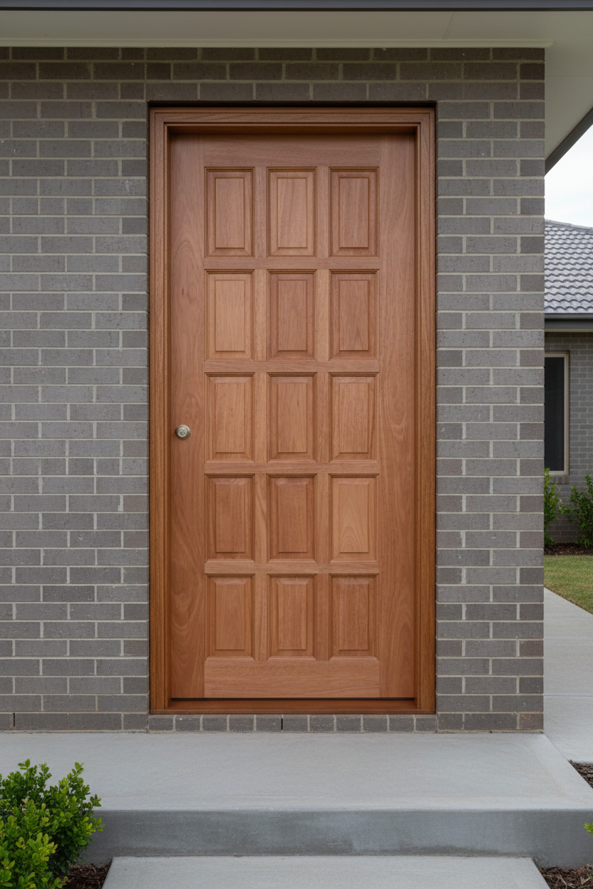 15-panel solid meranti exterior door installed in brick entrance, stained timber finish, 813 x 2032mm