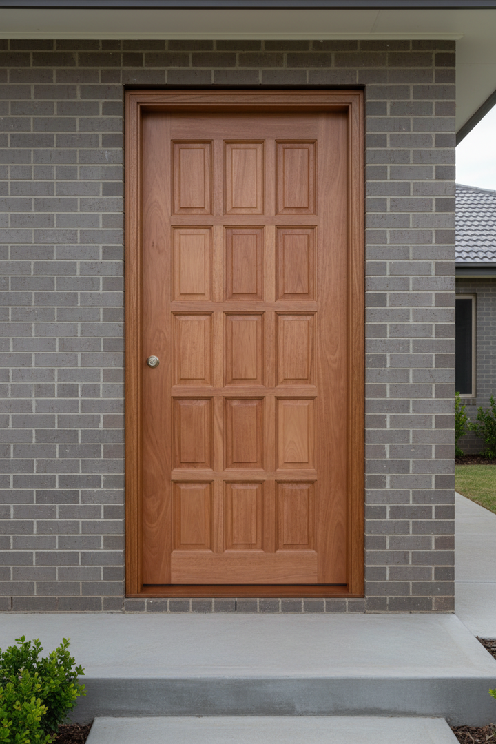 15-panel solid meranti exterior door installed in brick entrance, stained timber finish, 813 x 2032mm