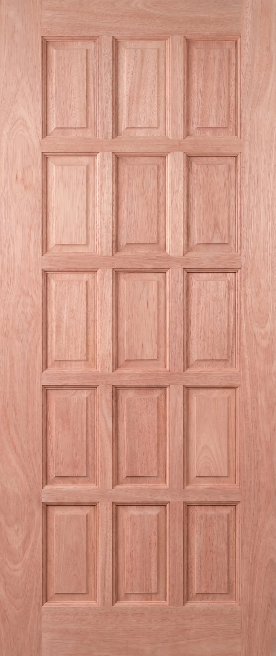 15-panel solid meranti exterior door, raised and fielded panels, raw unfinished timber, 813 x 2032mm