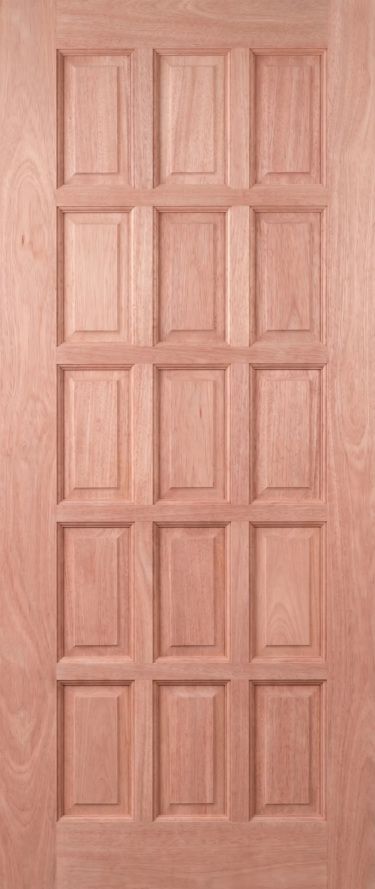15-panel solid meranti exterior door, raised and fielded panels, raw unfinished timber, 813 x 2032mm
