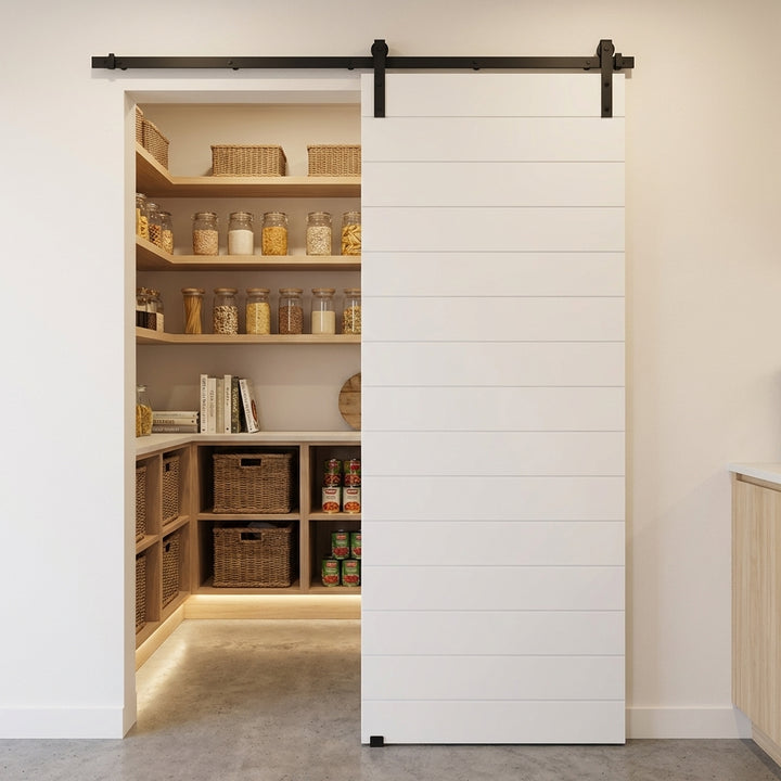 White grooved barn door opening into a pantry