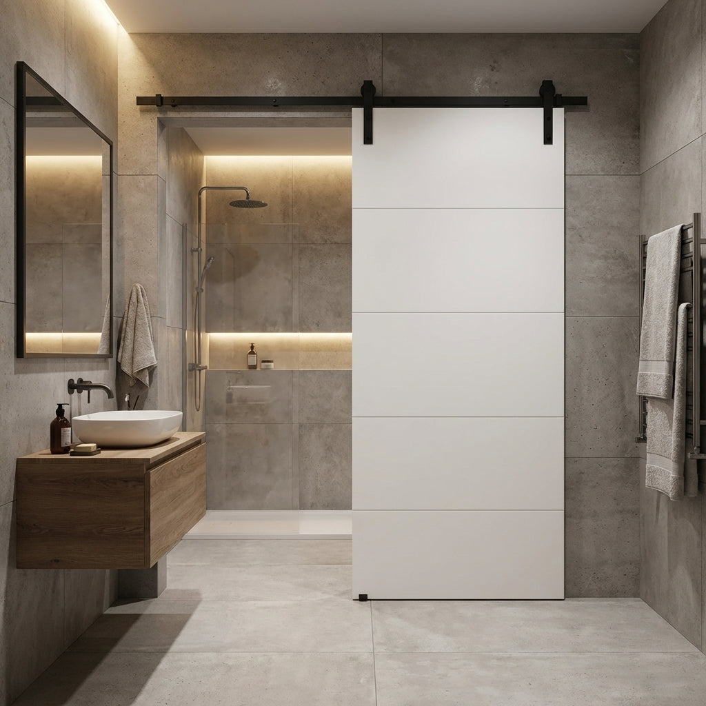 Modern bathroom with sliding white 5 panel barn door, wooden vanity, and shower area.