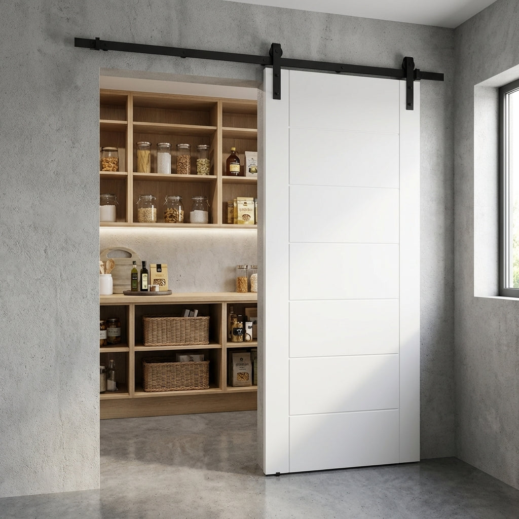 Modern interior 7 Panel White Barn  revealing a well-organized pantry.