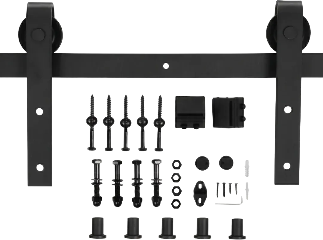 Complete black barn door sliding hardware kit laid out flat, including 2m track rail, rollers, bolts, nuts, door stoppers, wall spacers, floor guide, and Allen key