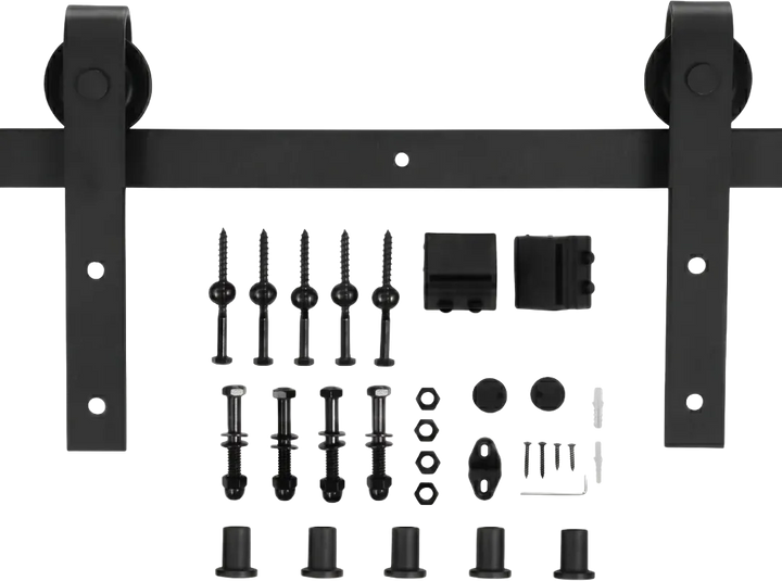 Complete black barn door sliding hardware kit laid out flat, including 2m track rail, rollers, bolts, nuts, door stoppers, wall spacers, floor guide, and Allen key