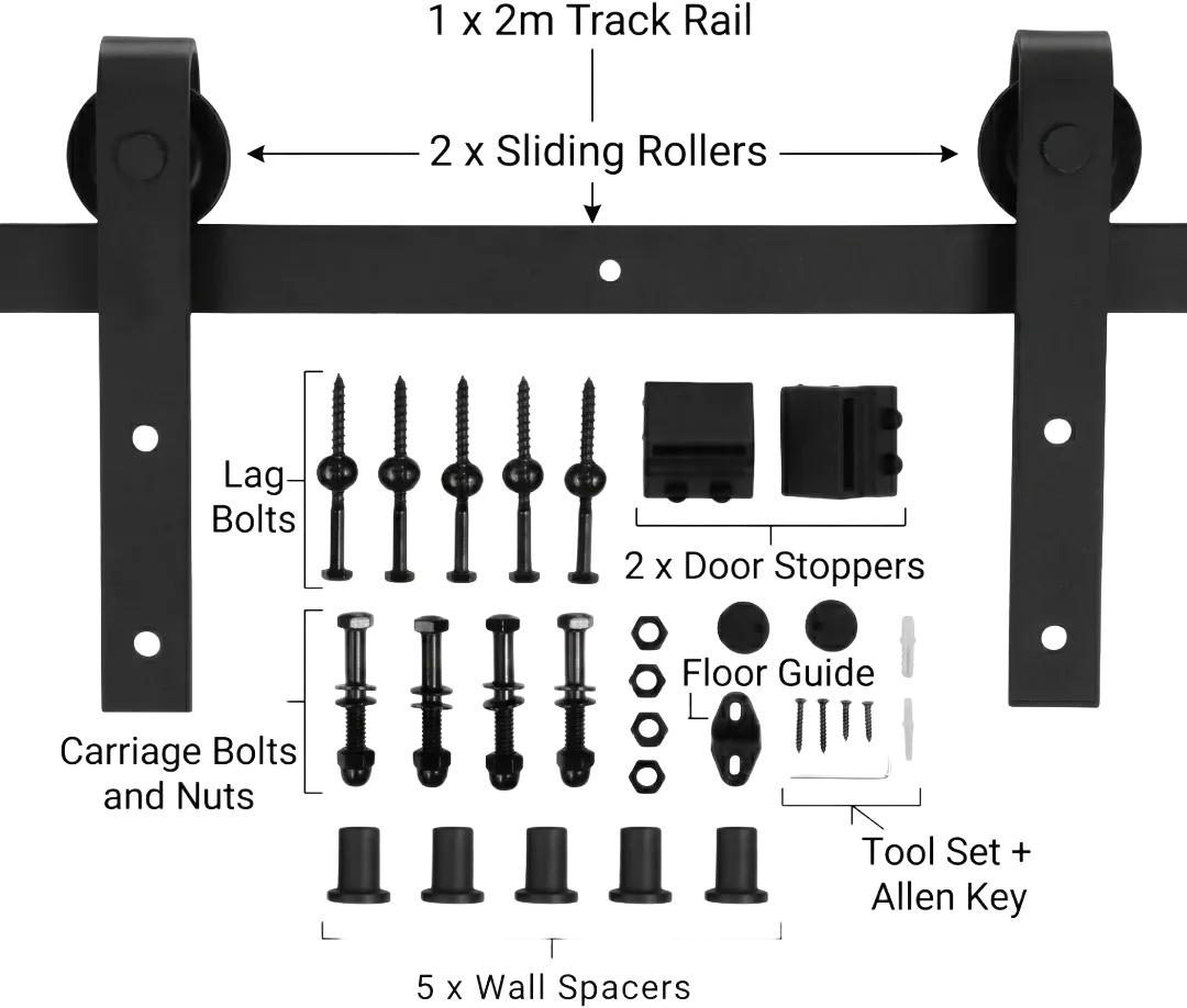Barn door hardware kit diagram showing 2m track rail, 2 sliding rollers, lag bolts, carriage bolts and nuts, 2 door stoppers, 5 wall spacers, floor guide, and tool set with Allen key