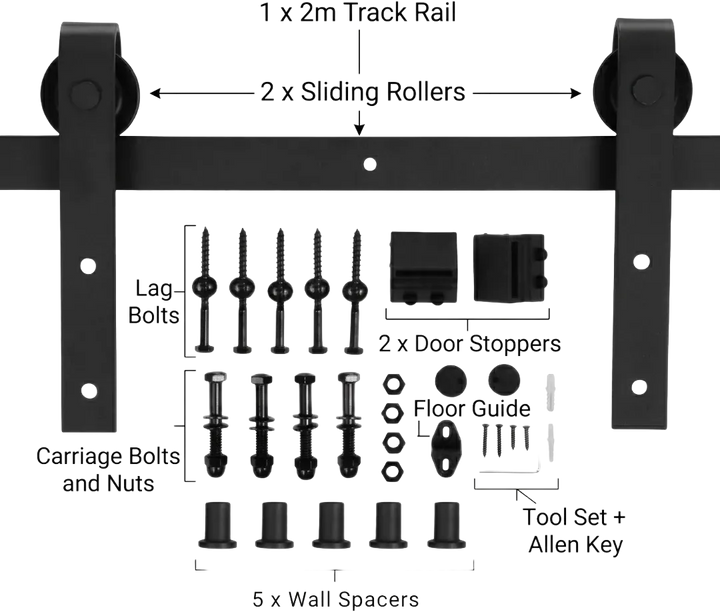Barn door hardware kit diagram showing 2m track rail, 2 sliding rollers, lag bolts, carriage bolts and nuts, 2 door stoppers, 5 wall spacers, floor guide, and tool set with Allen key