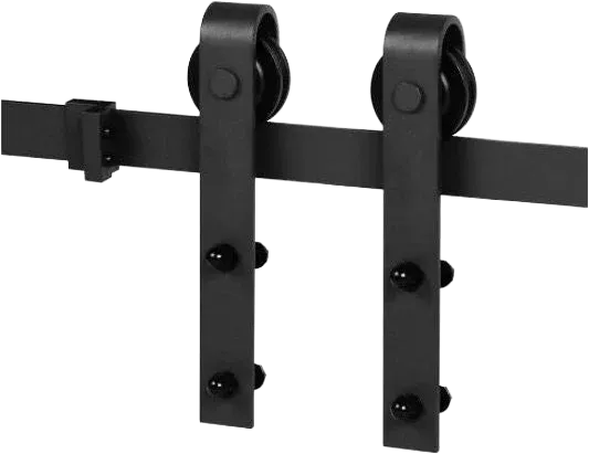 Black steel barn door track rail with two U-bracket sliding roller hangers mounted, shown at an angle