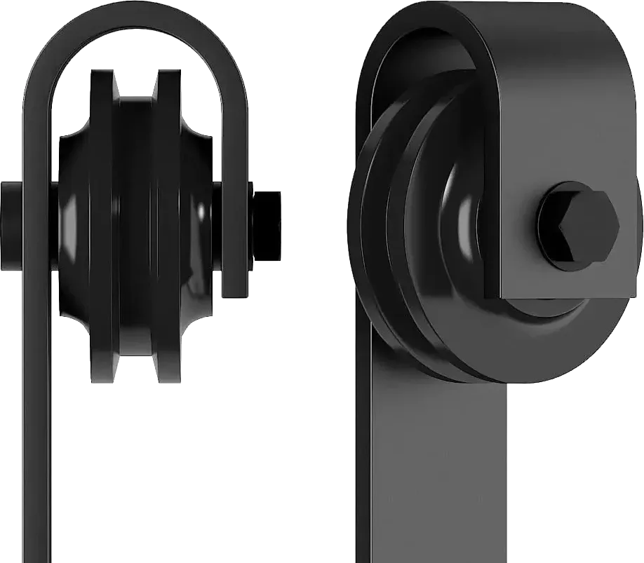 Black barn door sliding roller wheel shown from front and side angles, with U-bracket hanger and hex bolt detail