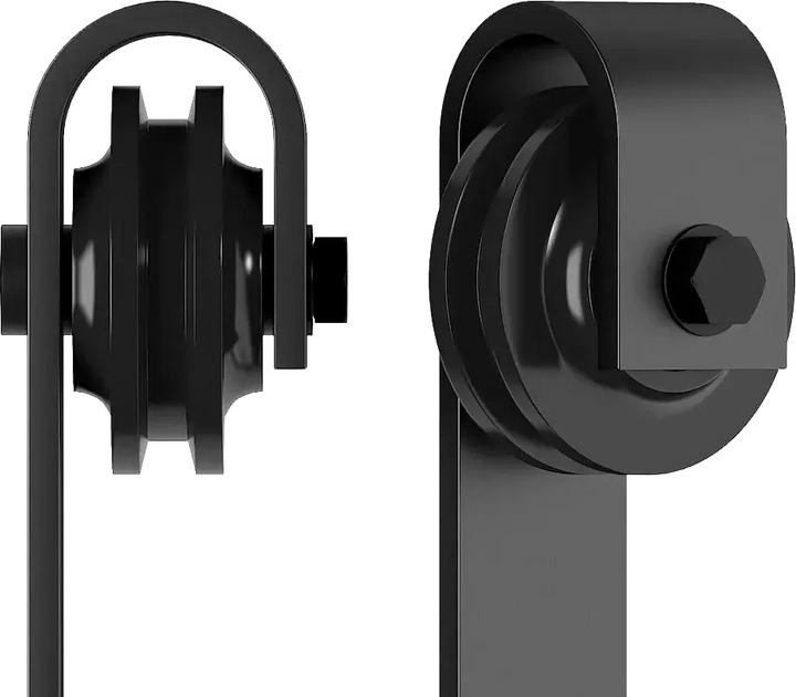 Black barn door sliding roller wheel shown from front and side angles, with U-bracket hanger and hex bolt detail