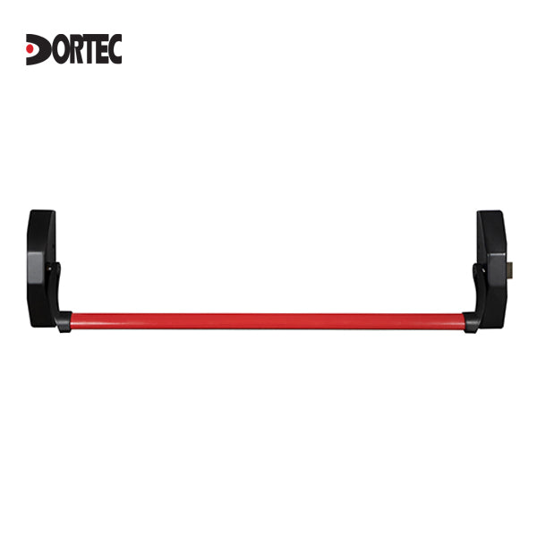 Dortec Rim Type Push Bar Panic Exit Hardware DT1700B – Red push bar with black end caps for emergency exits.