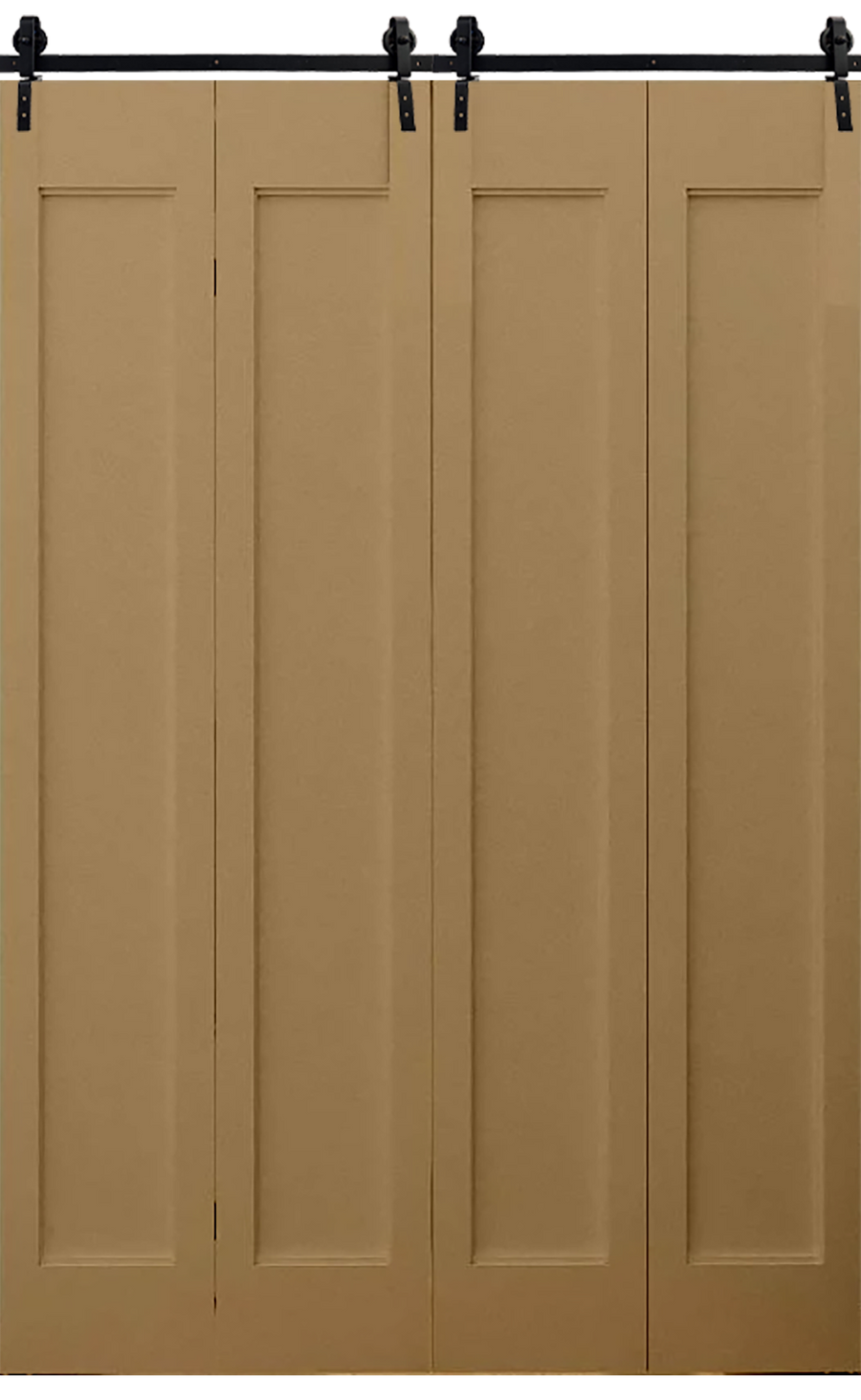 Raw MDF double bifold barn doors shown closed, forming a seamless flat panel across a 2000mm wide opening.