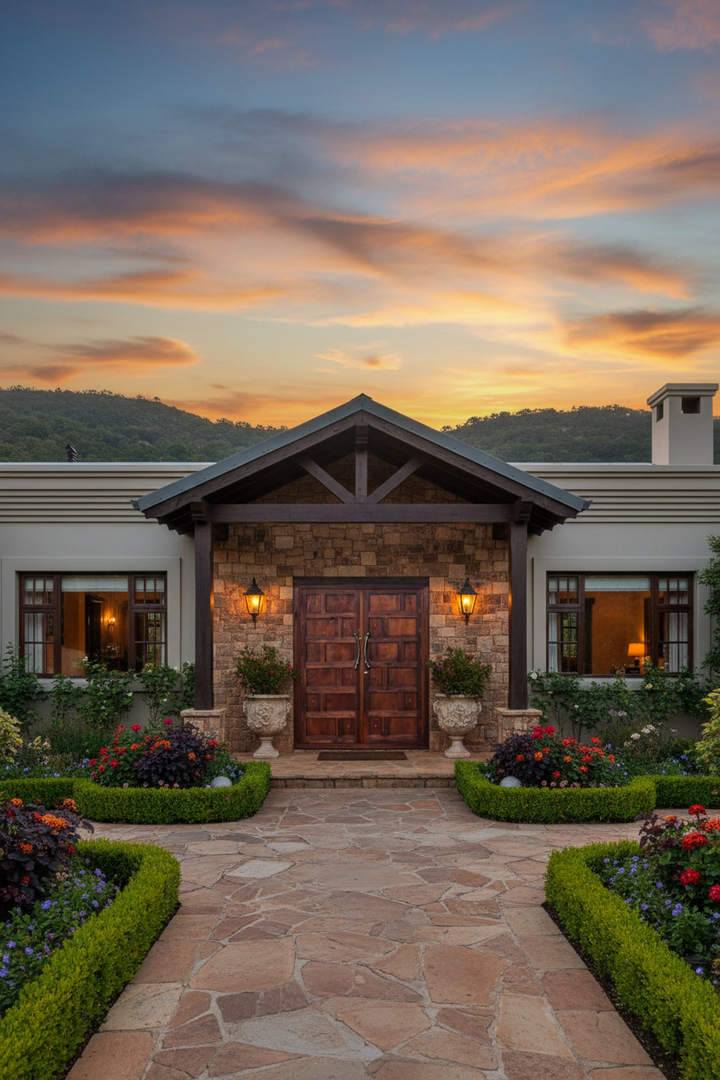 Stately home entrance with stone facade and wooden door at sunset.