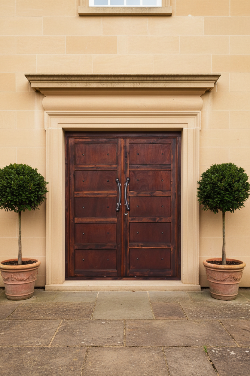 A pair of dark brown wooden double doors set within a beige stone architectural frame, flanked by two potted topiary trees on a stone patio.