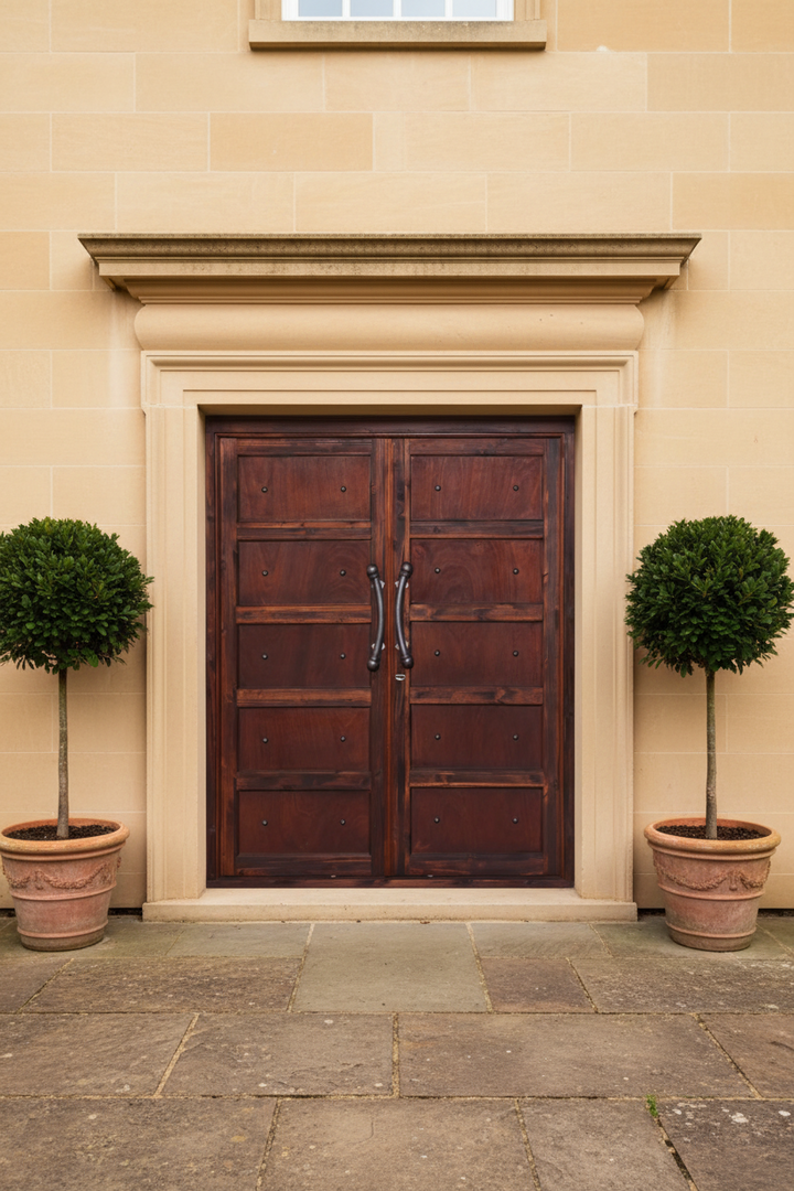 A pair of dark brown wooden double doors set within a beige stone architectural frame, flanked by two potted topiary trees on a stone patio.
