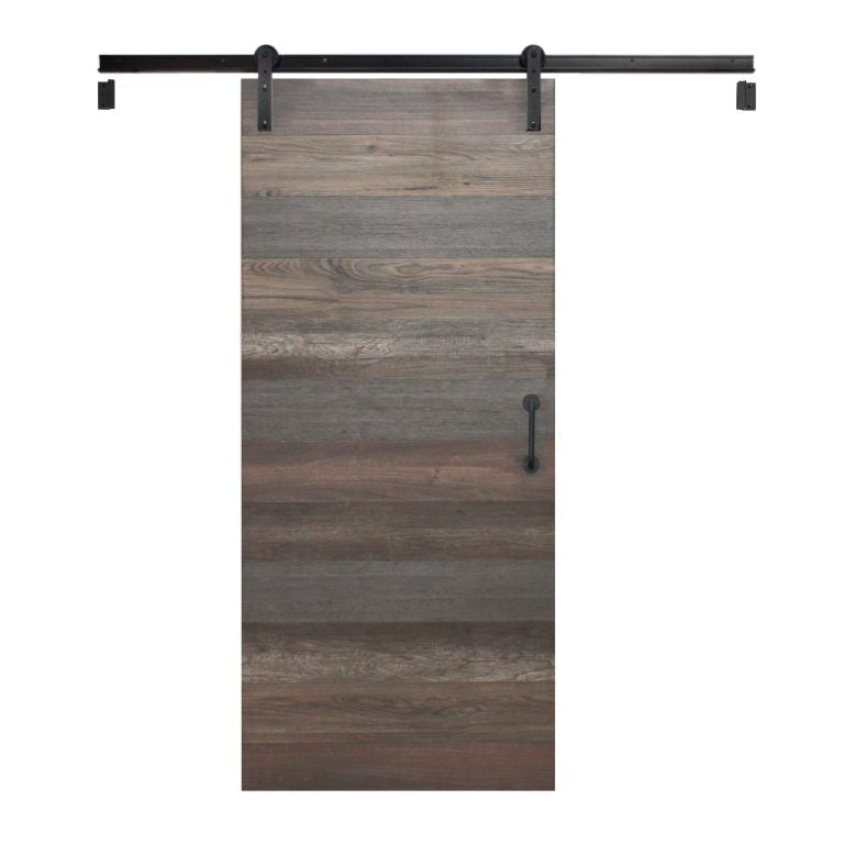 Inside viewe of an Eclipse sliding barn door with a rustic horizontal wood plank pattern in weathered brown and gray tones, shown hanging from a black metal track with brackets on a plain white background.