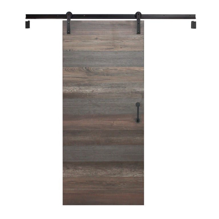 Inside viewe of an Eclipse sliding barn door with a rustic horizontal wood plank pattern in weathered brown and gray tones, shown hanging from a black metal track with brackets on a plain white background.