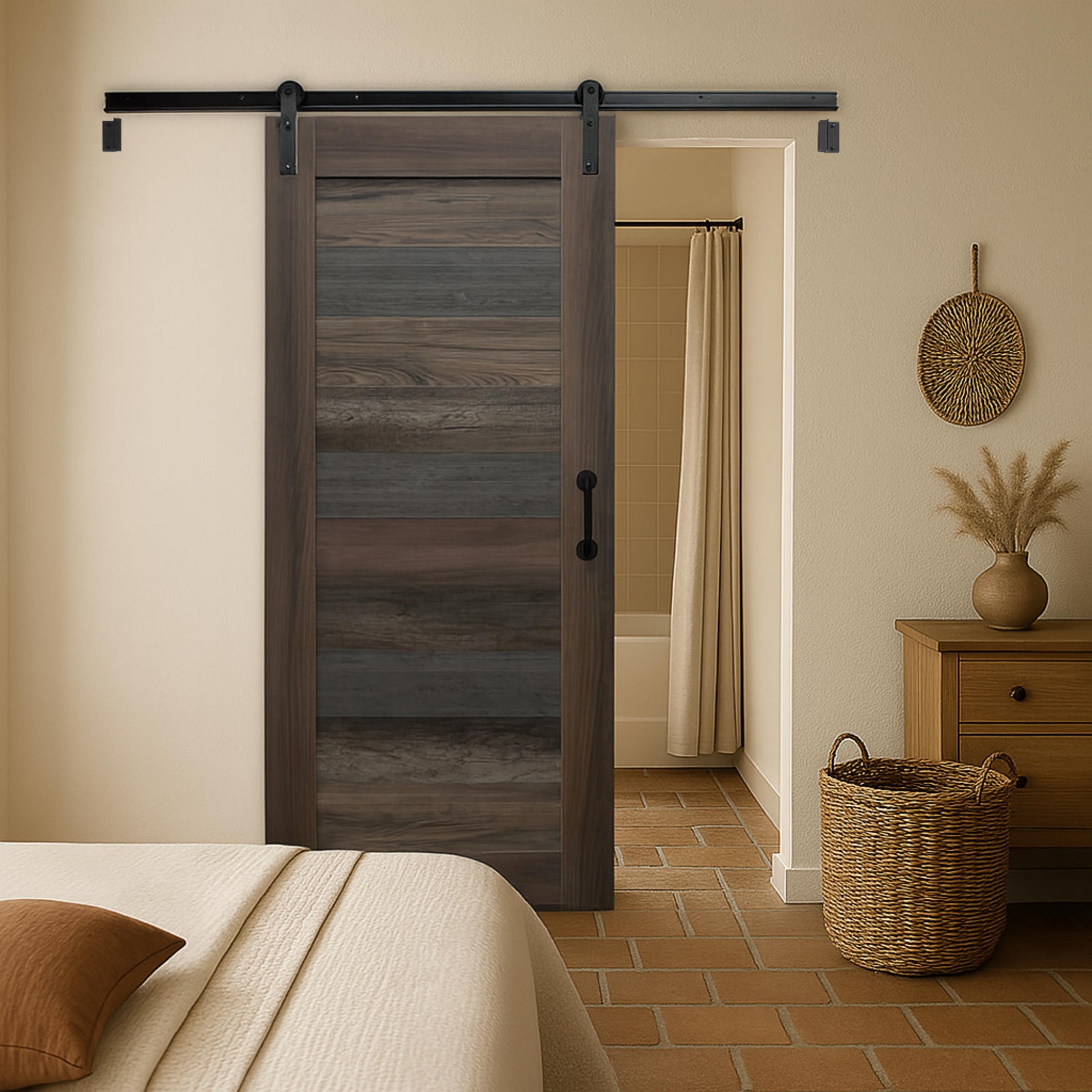 Eclipse dark brown sliding barn door with horizontal wood-look planks and a black metal track, shown installed in a bedroom setting with a bed, shower area, and woven decor.