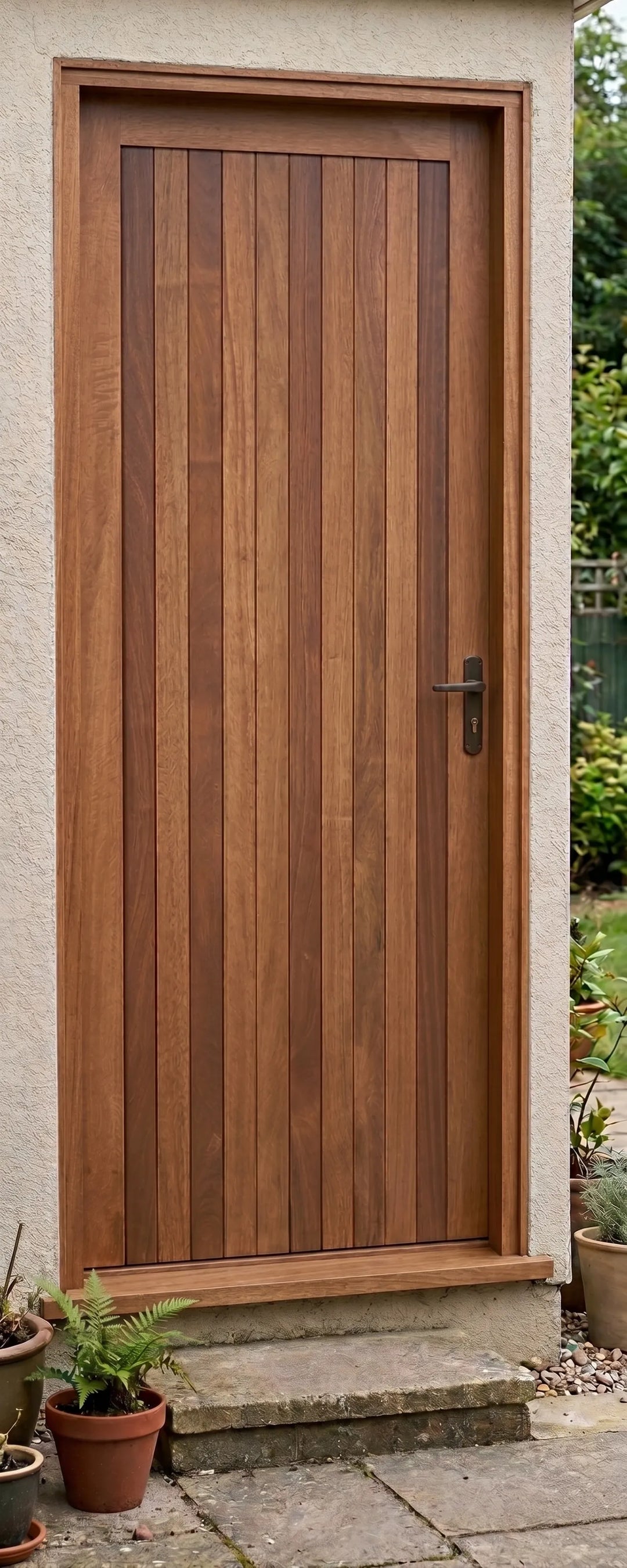 FLB Wooden door with a textured finish on a house exterior, surrounded by plants.